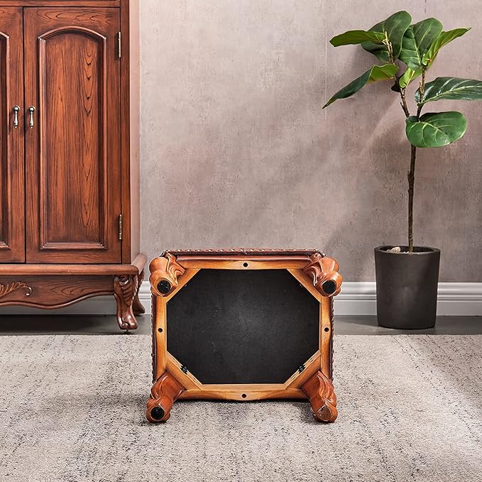 Foot Stool Ottoman Foot Rest Microfiber Leather Upholstered Footstool for Sofa, Living Room, Entryway, Solid Wood Stool (Light Brown)