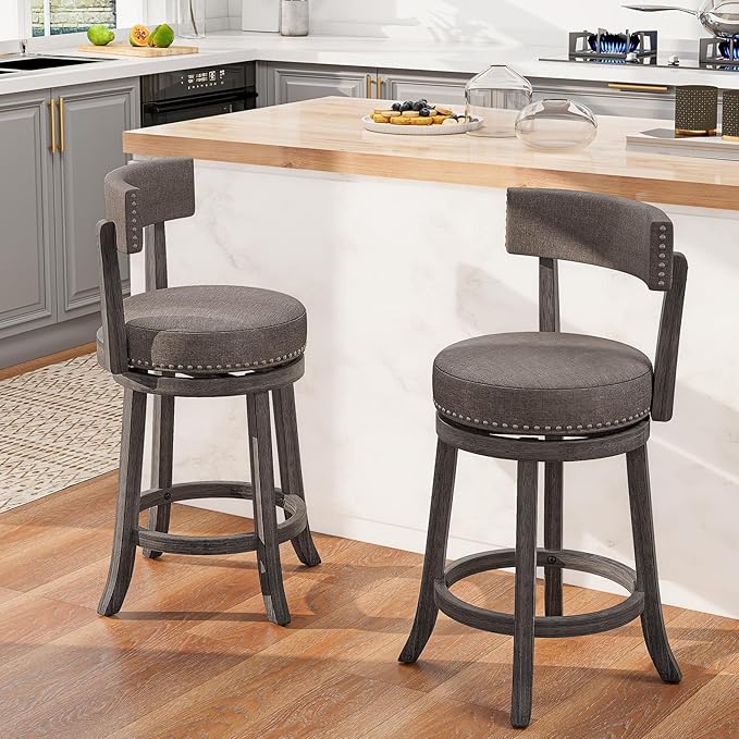 COSTWAY Bar Stools Set of 4, Upholstered Farmhouse Bar stools with Cushioned Seat & Backrest, Solid Wood Legs, Footrest, 26” Counter Height Swivel Stools for Kitchen Island, Pub (4, 26'' Seat Height)