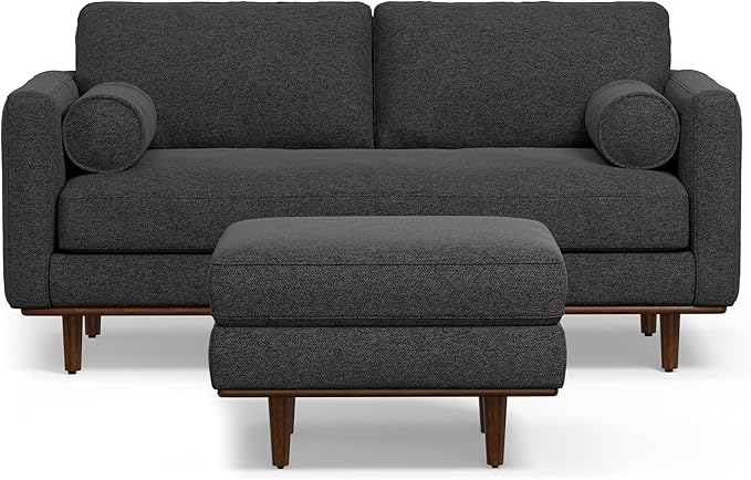 SIMPLIHOME Morrison Mid-Century Modern 72 inch Wide Sofa with Ottoman Set in Charcoal Grey Tightly Woven Performance Fabric for the Living Room and Family Room
