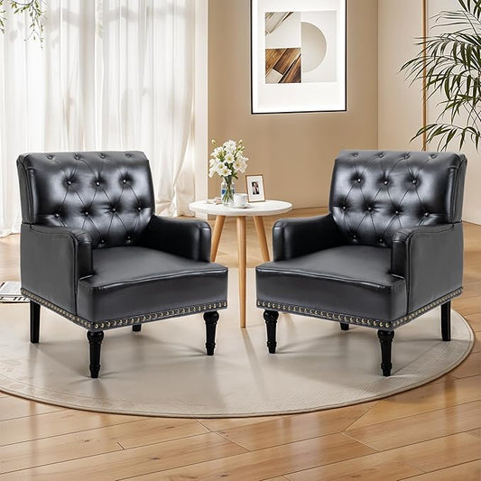 MOJAY Faux Leather Accent Chair Set of 2, Mid-Century Modern Living Room Chair Lounge Study Sofa Chair with Sturdy Wood Legs, Club Chair Armchair for Bedroom Home Study Reception (Black)