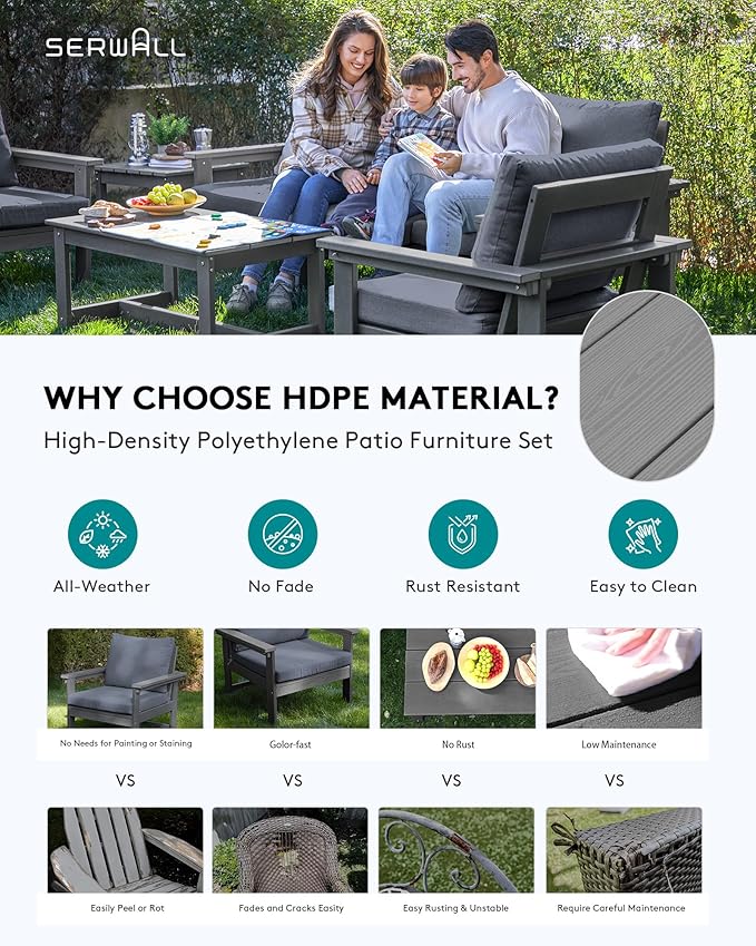 SERWALL HDPE Patio Furniture Set, 7-Piece Outdoor Sectional Sofa Set, All Weather Outdoor Couch Set for Deck, Lawn, Grey Frame with Grey Cushion