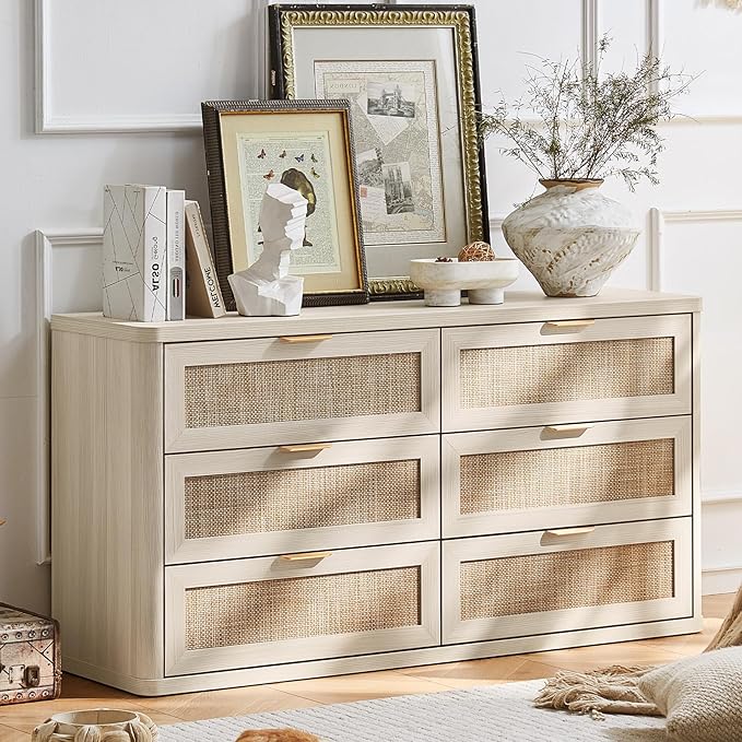 LEYAOYAO Rattan 6 Drawer Dresser for Bedroom Set of 2, Boho 54" Wide White Dresser Chest of Drawers, Dressers TV Stand with Metal Handle, Storage Dressers Closet Organizer for Living Room, Hallway