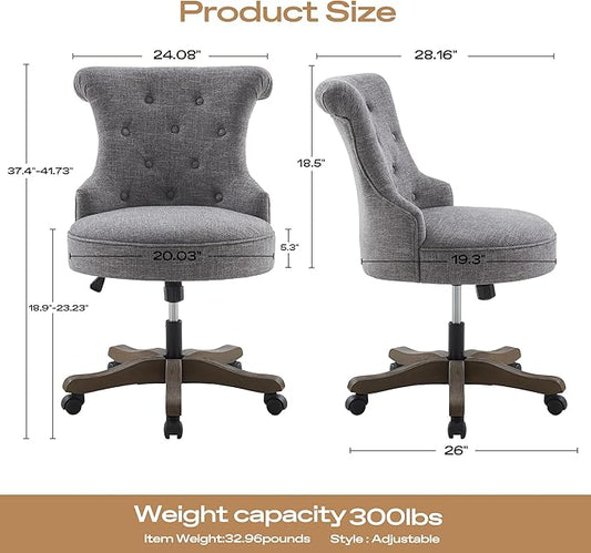 HUIMO Home Office Chair Upholstered Armless Desk Chair with Wheels Adjustable Height Computer Desk Chair with Wooden Legs Linen Fabric Comfortable Swivel Chairs for Home Office Study Studio (Grey)