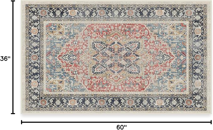 RUGGABLE Washable Vintage Area Rug – Kamran Cayenne Red 3x5, Stain-Resistant, Non-Slip – Small Machine Washable Rugs for Living Room, Bedroom, Hallway, Entryway & Office–with Cushioned Pad