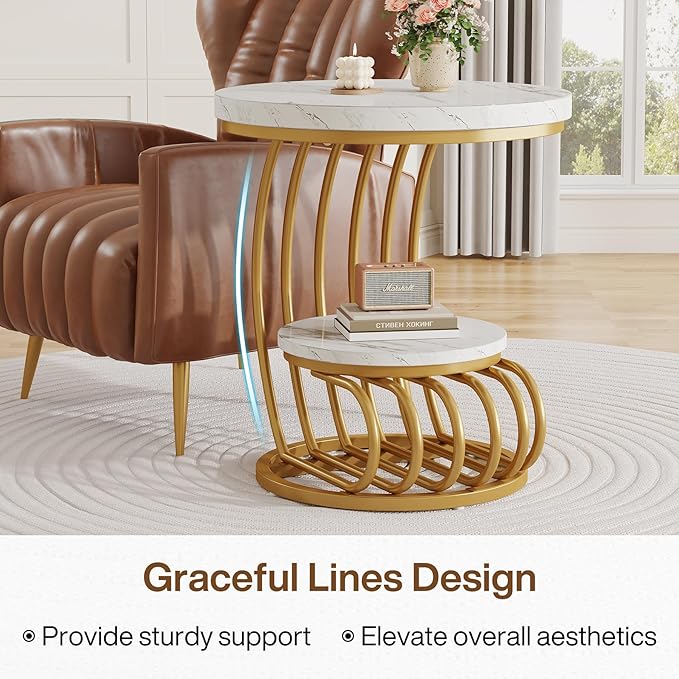 Tribesigns Gold Round End Table: 2 Tiers Side Table Set of 2 with Storage Shelf, Modern White Gold Bedside Nightstand, Metal Faux Marble Accent Table for Living Room
