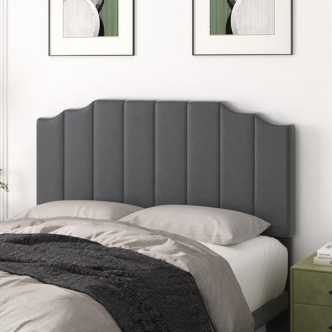 Queen Size Headboard Only, Velvet Wall Mounted Headboard Queen/Full Size for Adjustable Bed, Modern Vertical Channel Design with Curved Tufted Upholstered Head Board,Dark Gray