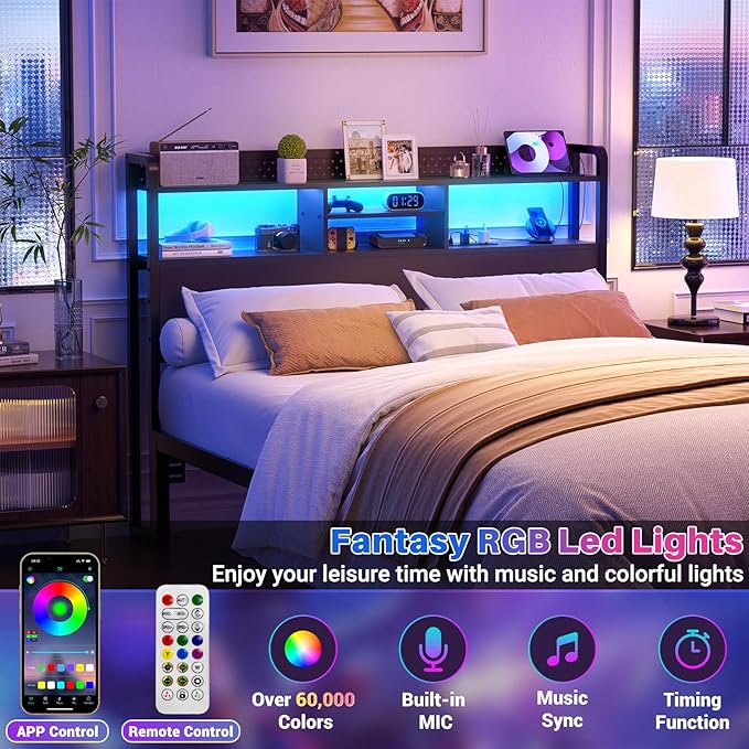Unikito Headboard for Queen Size Bed with Storage Shelf, Head Board with 3 Outlets and 2 USB Ports, Headboards with RGB LED Light, Height Adjustable, Sturdy and Stable, Easy Assembly, Black