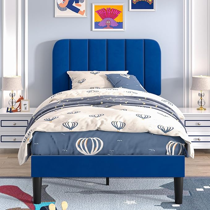 VECELO Twin Size Bed Frame with Upholstered Headboard, Velvet Platform Bedframe Mattress Foundation, Strong Wood Slat Support, No Box Spring Needed,Blue
