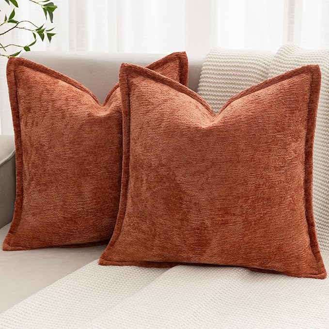 Burnt Orange Fall Decorative Throw Pillow Covers 18x18 Inch Set of 2 Cozy Soild Chenille Cushion Cases Soft Textured Square Couch Pillows Cover Boho Accent Farmhouse Pillowcases for Bed