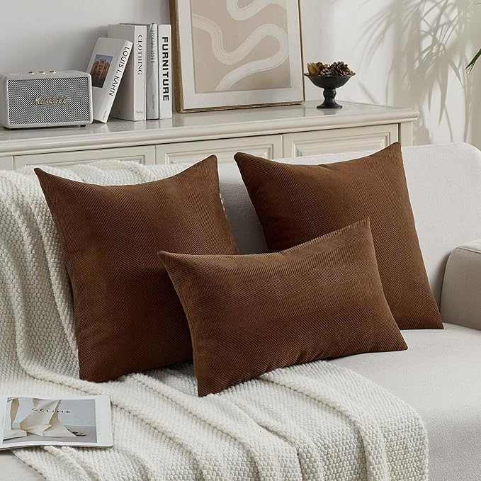 FUTEI Dark Brown Chenille Throw Pillow Covers 16x16 Inch Set of 2,Soft Wide Chevron Textured Cushion Case,Farmhouse Home Decor for Couch Bed Living Room