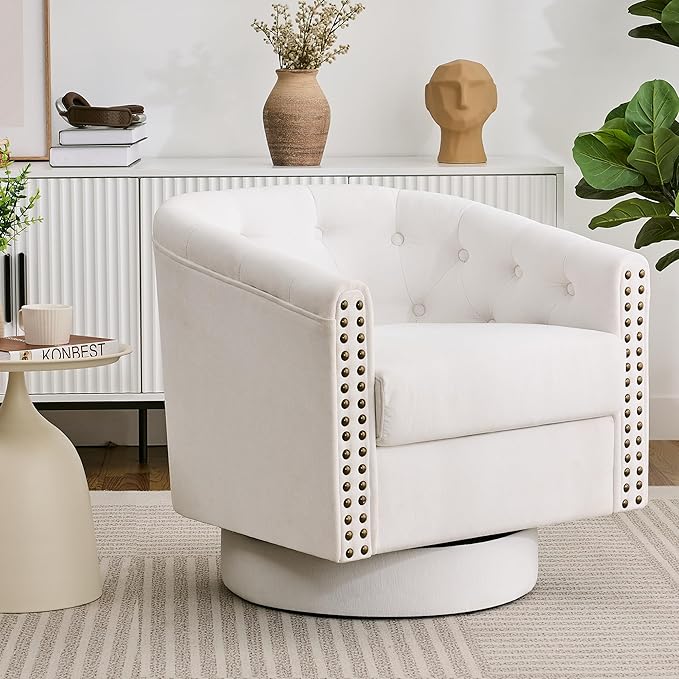 Swivel Barrel Accent Chair,Round Nailhead Chenille Fabric Living Room Arm Chairs,Modern Upholstered Comfty Reading Nook Chairs for Bedroom,Small Club Armchair,Single Sofa Side Chair,Ivory White