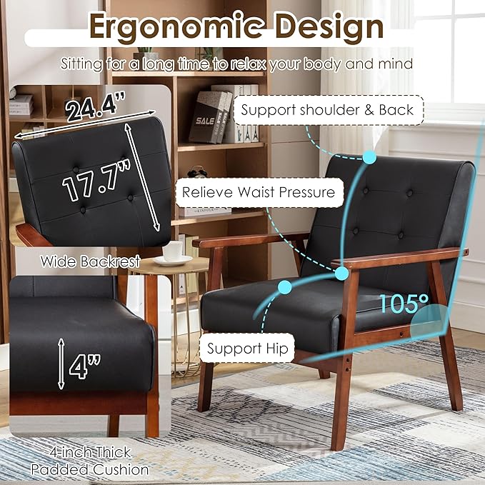 STHOUYN Black Leather Accent Chair for Office, Waiting Room Lobby Chair with Wooden Arms, Mid Century Modern Small Armchair Living Room Sofa Set (Black (Chair))
