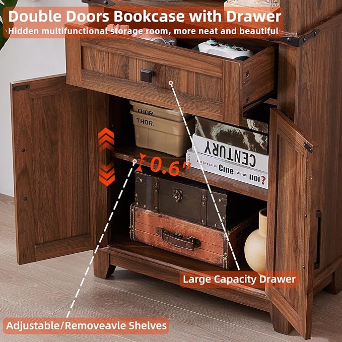 72in Tall Bookshelf 7 Tier Bookcase with Drawer and Barn Doors and Adjustable Shelves, Brown Farmhouse Book Shelf with Storage Cabinet, Wood Freestanding Display Bookshelves for Kitchen (3PCS)