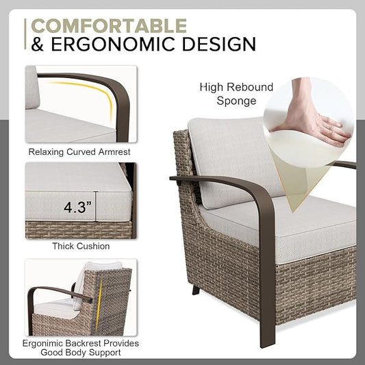 COOS BAY Aurora Terrace Half-Moon Outdoor Furniture Set, Rattan Conversation Set with Patio Chairs, Curved 5-Seat Sofa, Coffee Table & Side Table, Seats 7, Beige/Beige