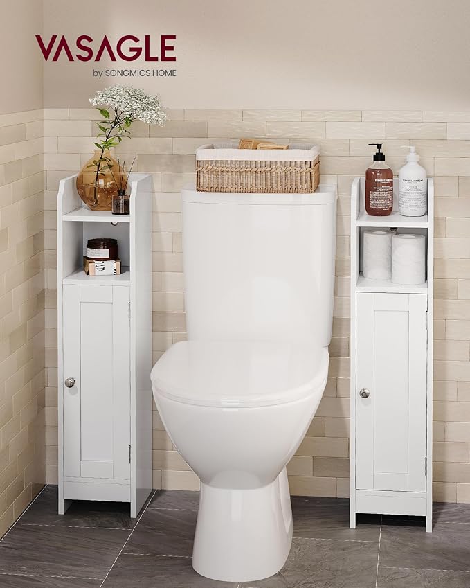 VASAGLE Small Storage Corner Floor Cabinet with Door, 7.9 x 7.1 x 31.5 Inches, Narrow Toilet Paper Storage Holder, Adjustable Shelves, for Bathroom, Living Room, Small Spaces, Cloud White UBBC310W01