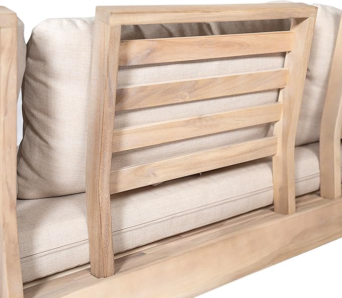 Christopher Knight Home Topia Acacia Wood Outdoor 3 Seater Sofa with Cushion, Wooden Patio Sofa Couch with Cushion, Comfy Armless Cloud Sofa Couch, Patio Furniture Sofa Set, Light Wash+Beige