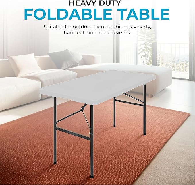 SIMPLI-MAGIC 4ft Plastic Folding Table, Indoor Outdoor Heavy Duty Portable/Handle, Lock for Picnic, Party, Camping - White