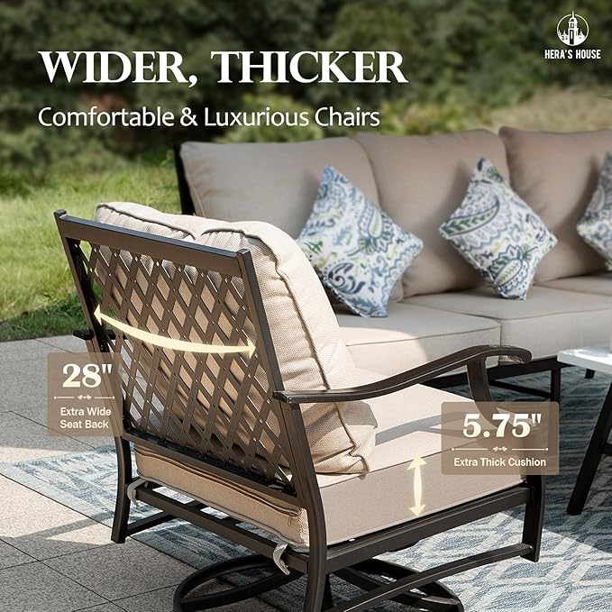 HERA'S HOUSE 5 Piece Patio Furniture Set, 2 x Swivel Chair, 2 x Ottoman, 1 x 3-Seat Sofa, All Cushioned 7 Seats Outdoor Conversation Set for Lawn Garden Backyard