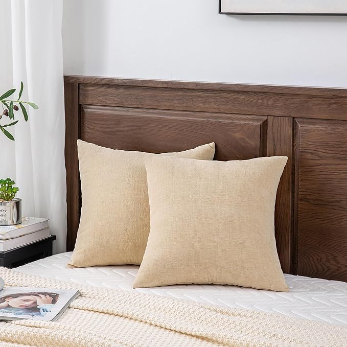 GAWAMAY Decorative Chenille Throw Pillow Covers 26x26 Inch Pack of 2, Soft Square Couch Pillow Cover for Sofa Cushion Living Room Bedroom Solid Dyed Oversized Pillowcases Beige 66x66cm (ONLY Covers)