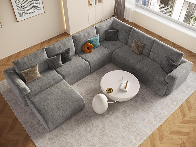 EASE MOOSE Sectional Cloud Couch Oversized for Living Room,7-Seat Modular Boneless Sofa U-Shaped Sofa with Ottoman, No-Assembly Chenille Couch, Light Grey