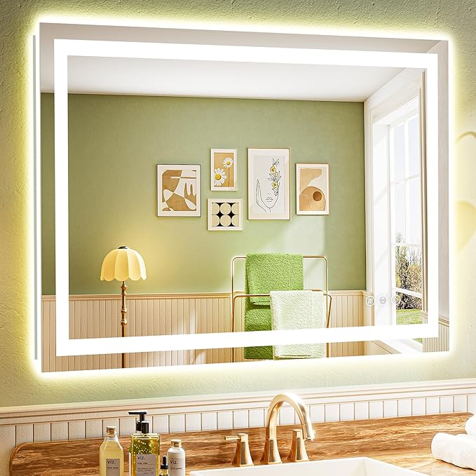 44x30 Inch LED Bathroom Mirror with Lights Front and Backlit Lighted Vanity Mirror for Bathroom Wall with 3 Colors Dimmable Anti-Fog Memory Shatter-Proof IP54 Waterproof Horizontal/Vertical