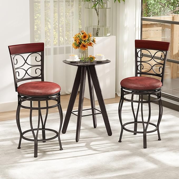 Giantex 26" Swivel Bar Stools Set of 2, Counter Height Bar Stools w/Back, Upholstered PU Leather Seat, Footrest, Max Load 330Lbs, Vintage Metal Barstools for Kitchen Island, Dining Room, Rustic Brown