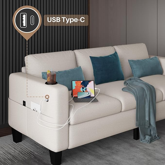 Youmumeub Couches for Living Room-Convertible Sectional Sofa, L-Shape Linen Fabric Sofa Couch with Storage Ottoman, Suit 3-Seats Sofa for Small Living Room and Apartment-Beige(USB+2 Cup Holder)