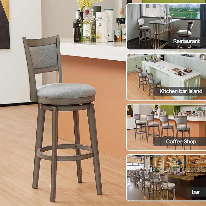 PrimeZone Swivel Bar Stools Set of 8, 30 Inch Bar Height Barstools, High Back Bar Stool with Solid Wood Legs & Wrap-Around Footrest, Counter Stools for Kitchen Island, Pub, Grey