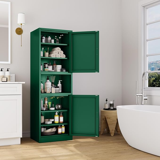 Tall Narrow Storage Cabinet 66.93" H Tall Bathroom Cabinet Metal Pantry Cabinets, 4 Adjustable Shelves for Kitchen, Home Office, Living Room, Dinning Room (20 inches Wide Green)