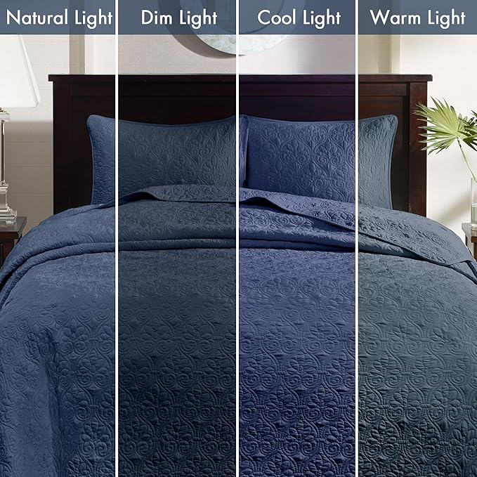Madison Park Quebec King Size Quilt Bedding Set - Navy , Damask – 3 Piece Bedding Quilt Coverlets – Ultra Soft Microfiber Bed Quilts Quilted Coverlet