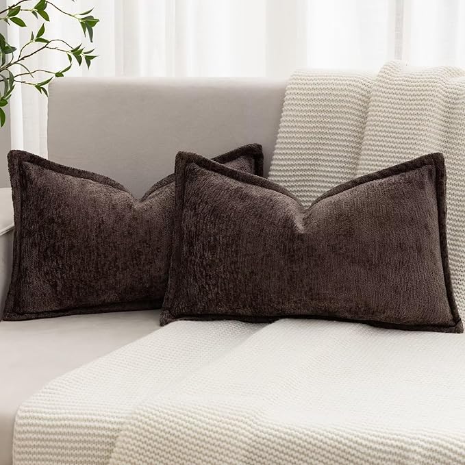 Brown Decorative Throw Pillow Covers 12x20 Inch Set of 2 Cozy Soild Chenille Cushion Cases Soft Textured Lumbar Couch Pillows Cover Boho Accent Farmhouse Pillowcases for Sofa Bed