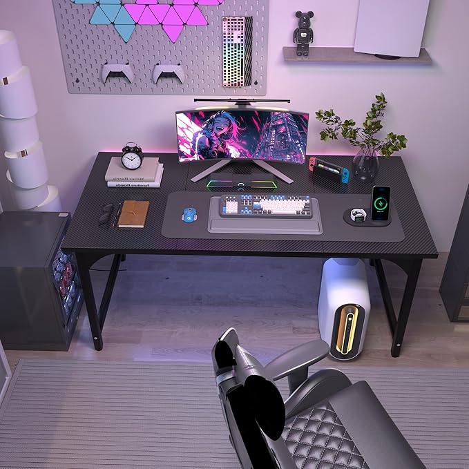 StarGraph Modern Computer Desk 47 Inch Large Office Desk with Carbon Fiber Desktop Home Office Desks with Sturdy Metal Frame Gaming Study Writing Work from Home Desks, Black