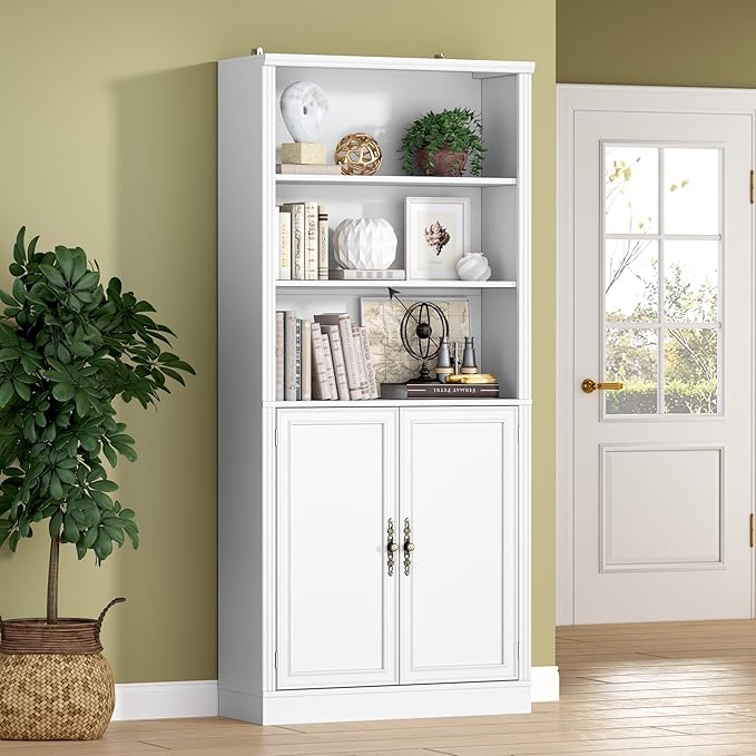 71.4" Tall Bookshelf with Cabinet, 5-Tier Floor Standing Bookcase with Doors & Adjustable Shelves, 31.5" Wide Storage Shelf, Metal Handles, Modern Organizer for Home Office, Living Room