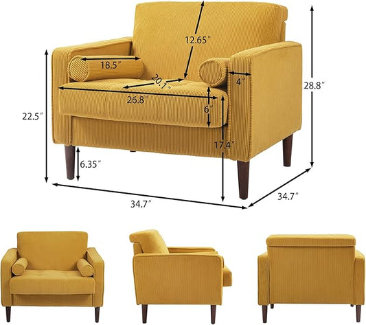 Oversized Accent Chair Set of 1, Corduroy Fabric Mid Century Modern Armchair with Large Seat for Living Room Bedroom Reading
