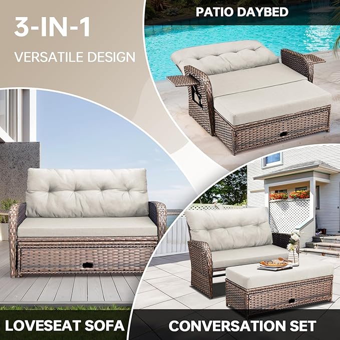Patio Rattan Daybed, Wicker Recliner Loveseat for Two with Multifunctional Recliner and Stowable Side Tray, 5 Level Adjustable Backrest Brown Beige