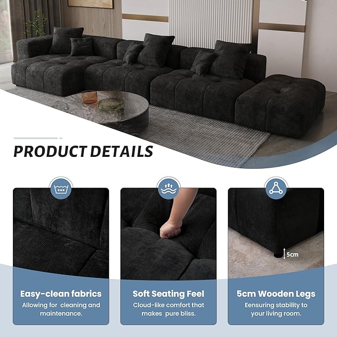WJShome Oversized Modular Sectional Sofa, V Shaped Couch with Ottoman,Sectional Couches for Living Room,Large Linen Deep Seat with Pillow Couches for Home,Spacious Space,Black