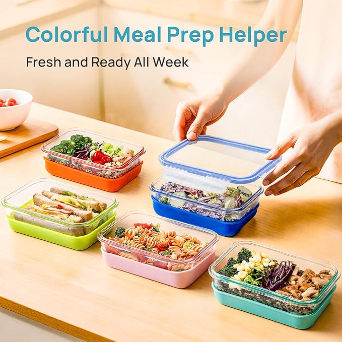 Vtopmart 5 Pack 28oz Glass Food Storage Containers Set with Silicone Sleeve,Glass Meal Prep Containers, Lunch containers with Airtight BPA-Free Plastic Lids, Dishwasher, Microwave, and Freezer Safe