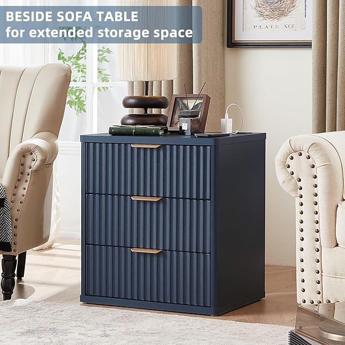 LEYAOYAO 23" Wide Fluted Night Stand with Charging Station, 3 Drawers Large End Table with Storage,Nightstand Wood Bedside Tables, Farmhouse Cabinet Dresser for Bedroom,Closet, Navy Blue