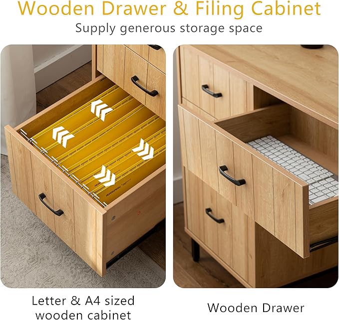 55" Executive Desk, Modern Wood Office Table with Charging Station, 5 File Drawer & 1 Storage Cabinet, Home Computer Writing Desk for Work Study, Living Room, Bedroom (Natural Oak)