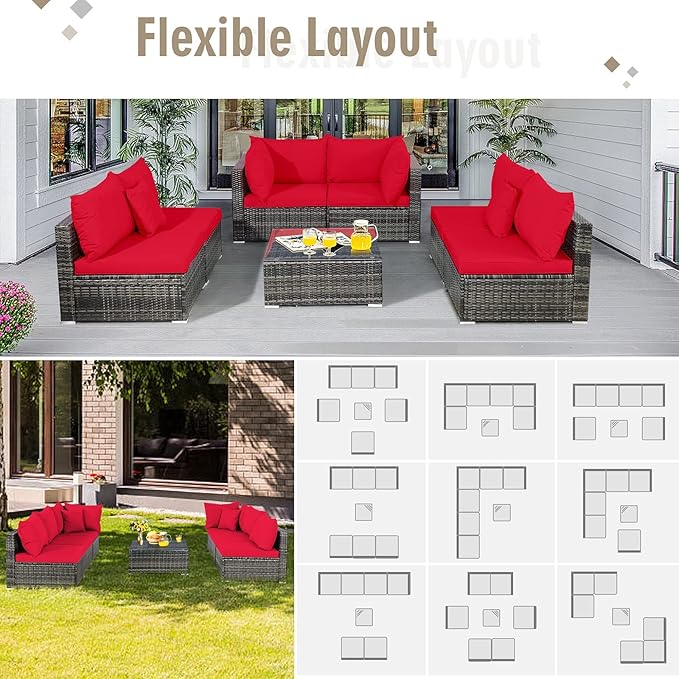 Tangkula 7 Pieces Patio Rattan Furniture Set, Patiojoy Outdoor Conversation Set with Cushions and Tempered Glass Coffee Table, All-Weather Sectional Sofa Set for Garden, Lawn, Backyard (Red)