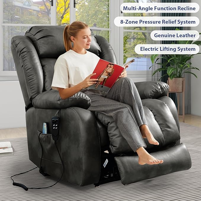 MAEVIS Large Genuine Leather Power Lift Recliner Chair, Dual Motor Recliner for Elderly,Extended Footrest and Lumbar Pillow for Tall Man,with Heat and Massage, USB and Type-C Ports(Silver Gray)