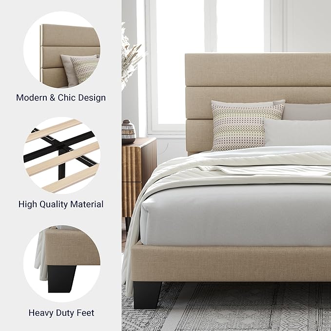 Allewie Full Size Platform Bed Frame with Fabric Upholstered Headboard and Wooden Slats Support, Fully Upholstered Mattress Foundation/No Box Spring Needed/Easy Assembly, Beige