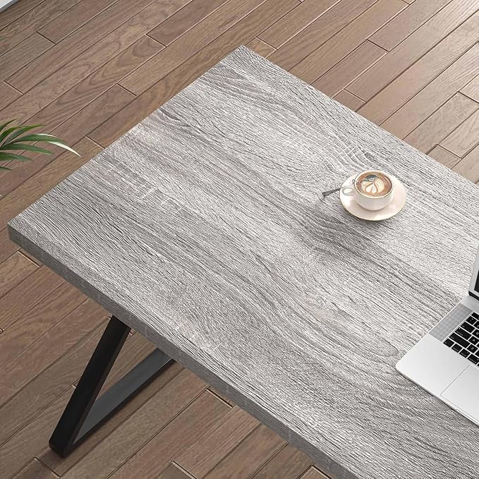 FOLUBAN Modern Desk, Rustic Wood and Metal Computer Desks for Home Office, Simple Study Writing Work Table for Bedroom Living Room, Light Grey, 60 Inch