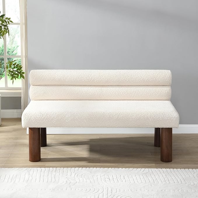 Christopher Knight Home Wally Boucle Upholstered Dining Bench, Modern Large Dining Room Chair, Entryway Ottoman Bench, Bedroom End of Bed Seating, Armless Desing and Wooden Frame, Milky White+Brown