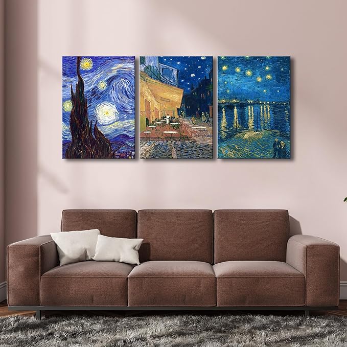 Wieco Art Large 3 Panels Canvas Prints of Vincent Van Gogh Paintings Reproduction Starry Night Over the Rhone Cafe Terrace at Night Canvas Wall Art for Living Room Home Office Decor