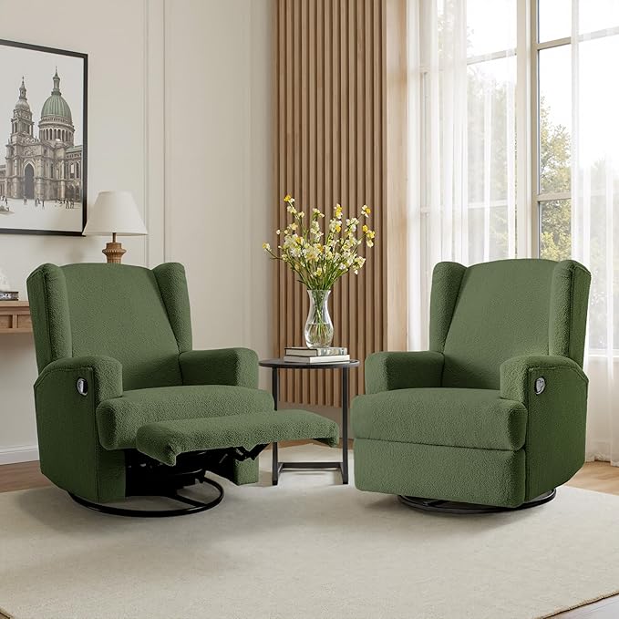 Boucle Swivel Glider Recliner Chair for Adults - Plush High Back Rocker with Deep Seat, Manual Reclining Upholstered Armchair for Living Room or Nursery, Textured Fabric Accent Chair-Green
