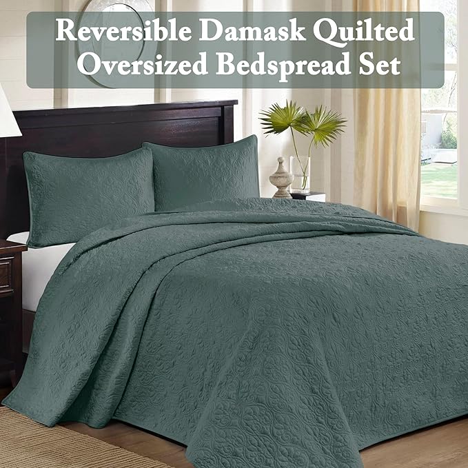 Madison Park Bedspread Set Reversible Damask Quilted Oversized Coverlet, Cotton-Filled Quilts Queen Oversized, All Season, Lofty & Warm Bedspread, Quebec, Queen Balsam Green 3 Piece