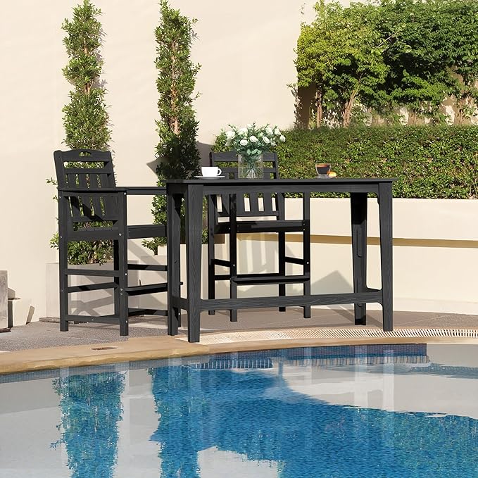 HDPE Outdoor Patio Bar Set with High Top Table and 2 Adirondack Chairs, All-Weather Bar Height Outside Rectangular Pub Furniture for Bistro, Garden, Backyard, Deck | 3-Pieces, Matte Black