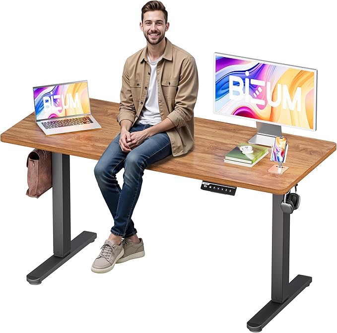 BIZUM Electric Standing Desk, 55x24 inches Height Adjustable Desk, Sit to Stand Desks Memory Gaming Computer Workstation for Home Office, Light Rustic Brown