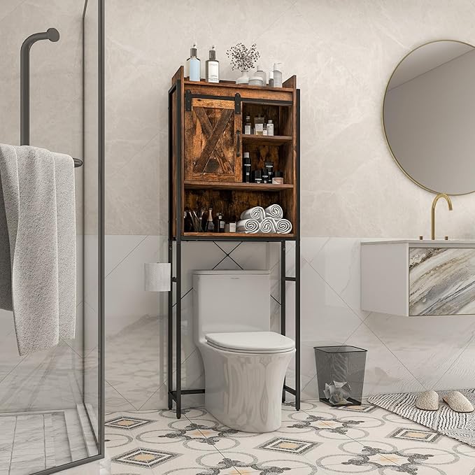 LOKO Over The Toilet Storage Cabinet, Freestanding Bathroom Space Saver with Adjustable Shelves & Sliding Barn Door, 4-Tier Over Toilet Bathroom Organizer, 25 x 9.5 x 67.5 inches (Rustic Brown)